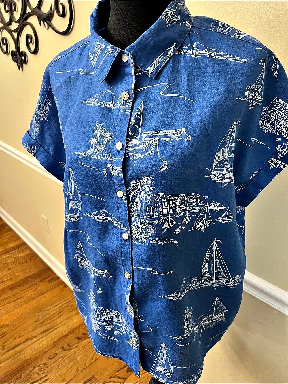 Cynthia Rowley Linen Nautical Print Button Down in Blue Size Medium